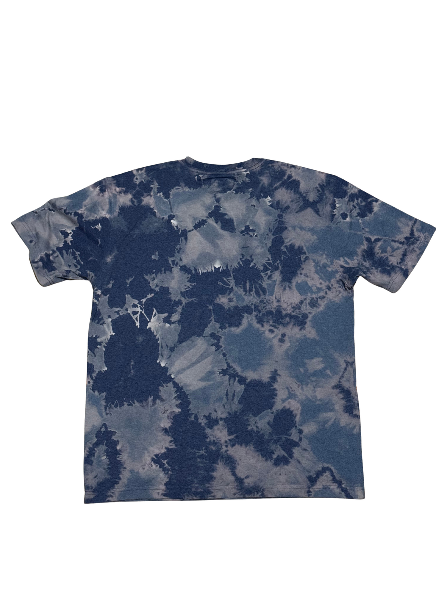 Tie-dye t-shirt with blue and gray pattern on a white background
