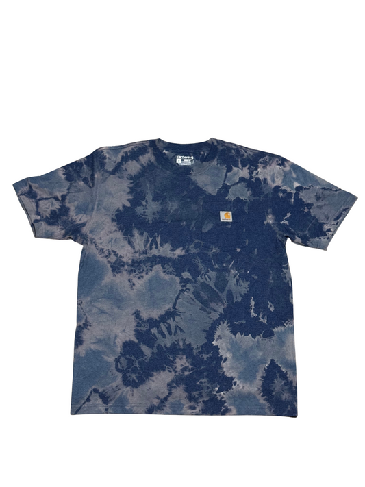 Blue tie-dye t-shirt with a brand logo on a white background
